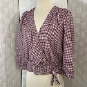 Madewell Burgundy Gingham Wrap Blouse, cropped.